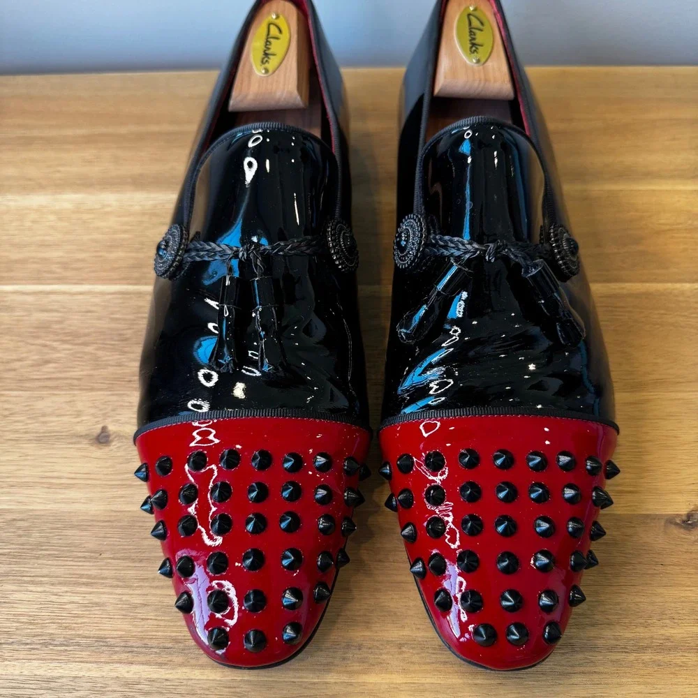 Vercini Men EU 43 Black Red Studded Spiked Patent Leather Loafers Tassel Shoes